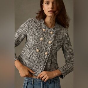 Anthropologie Maeve Double-Breasted Tweed Jacket Lady Blazer Pearl Button 0 NWT